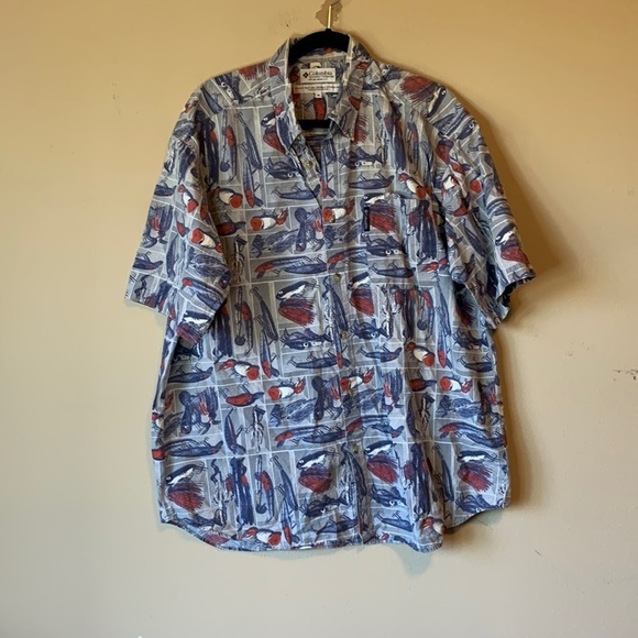 Columbia Men’s Fishing Lure Print Shirt XL Cotton Button-Up Short Sleeve Casual - Picture 5 of 11